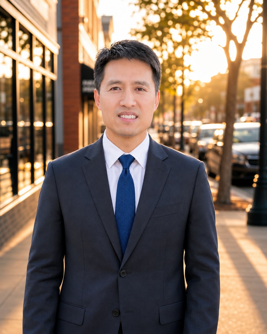 Bob Nguyen, candidate for Millbrae City Council District 4, on a downtown Millbrae sidewalk at golden hour